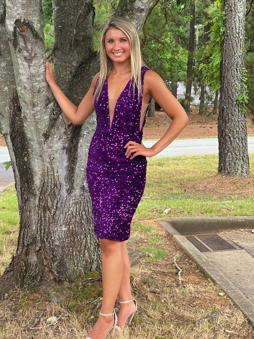 Portia and Scarlett Deep Plunge Royal Purple Sequin Midi Dress